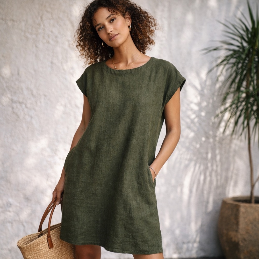 Olive Green Linen Shift Dress XS Lightweight Summer Mini Pockets Relaxed Fit
